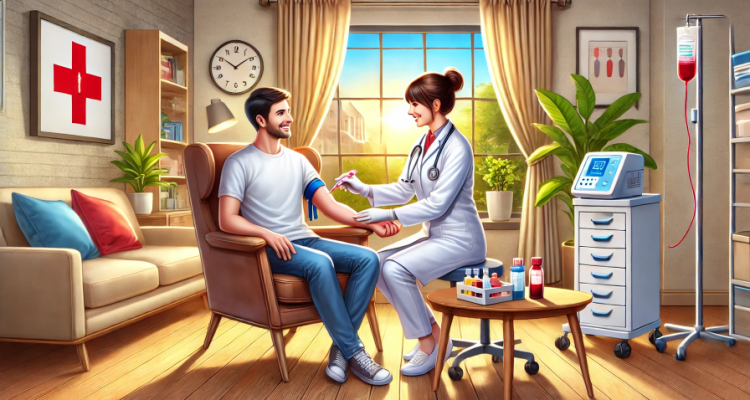 DALL·E 2024-12-08 01.39.35 - A professional and welcoming digital illustration of a home blood sample collection scenario. The scene includes a friendly healthcare worker in a nea