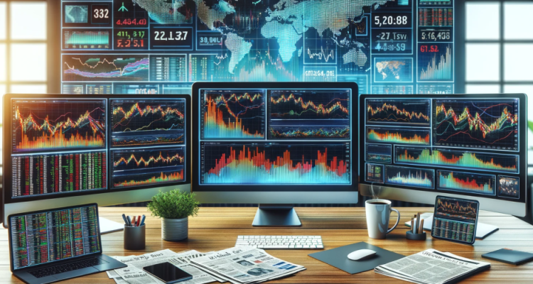 DALL·E-2024-01-12-07.04.46-A-modern-trading-desk-in-an-office-setting-featuring-multiple-computer-monitors-displaying-colorful-stock-market-charts-and-graphs.-The-desk-is-clutt-qi6sz6z55gh0x3for94eo6knl9y93