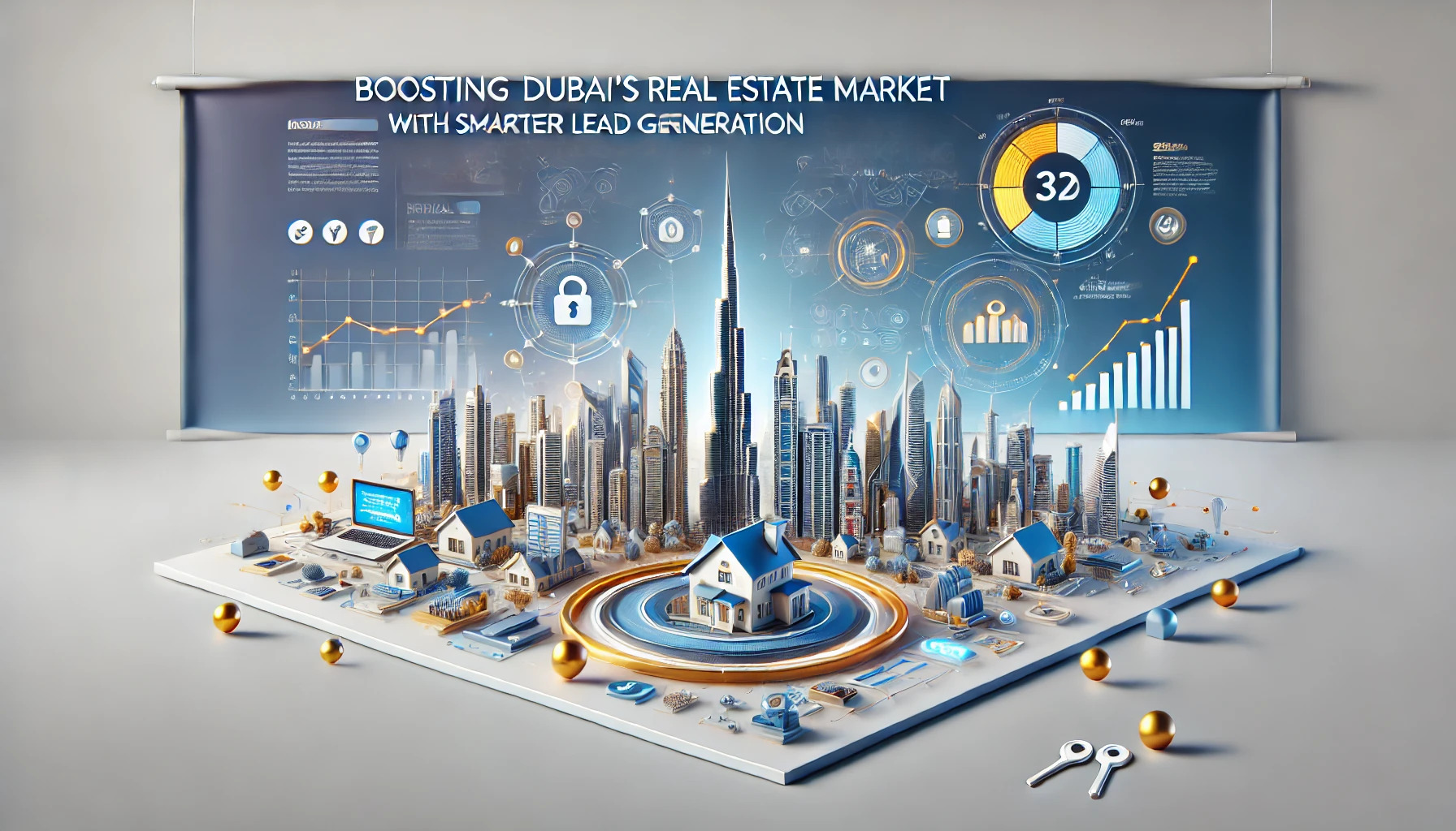 DALL·E 2025-01-27 17.10.44 - A horizontal 3D banner design with a professional and modern aesthetic, featuring the title Boosting Dubai’s Real Estate Market with Smarter Lead Gen